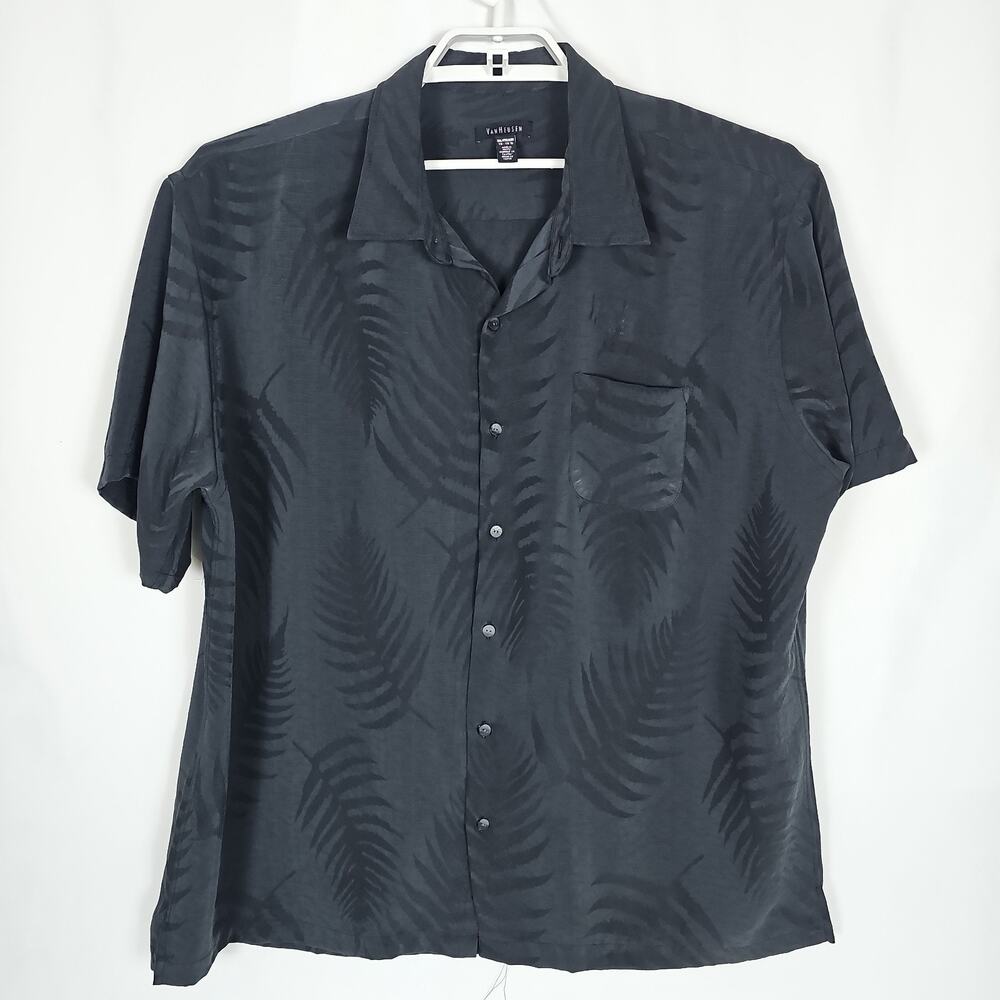 Van Heusen Men's Button Down Shirt Black, Leaves Pattern Short Sleeve Size XXL